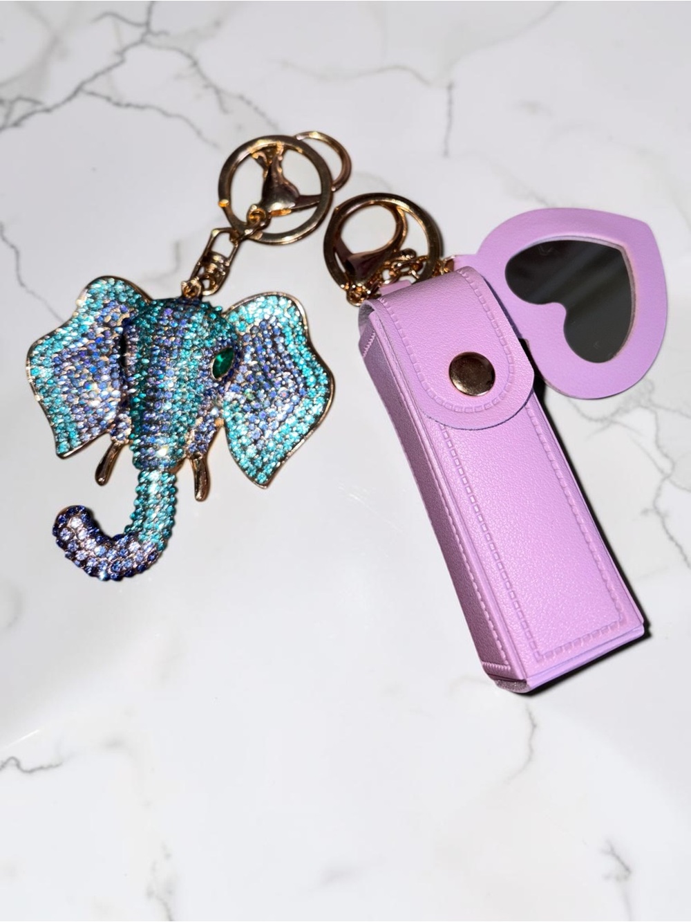 Purple Heart Mirror Keychain with Blue Crystal Elephant Charm - Picture 3 of 3